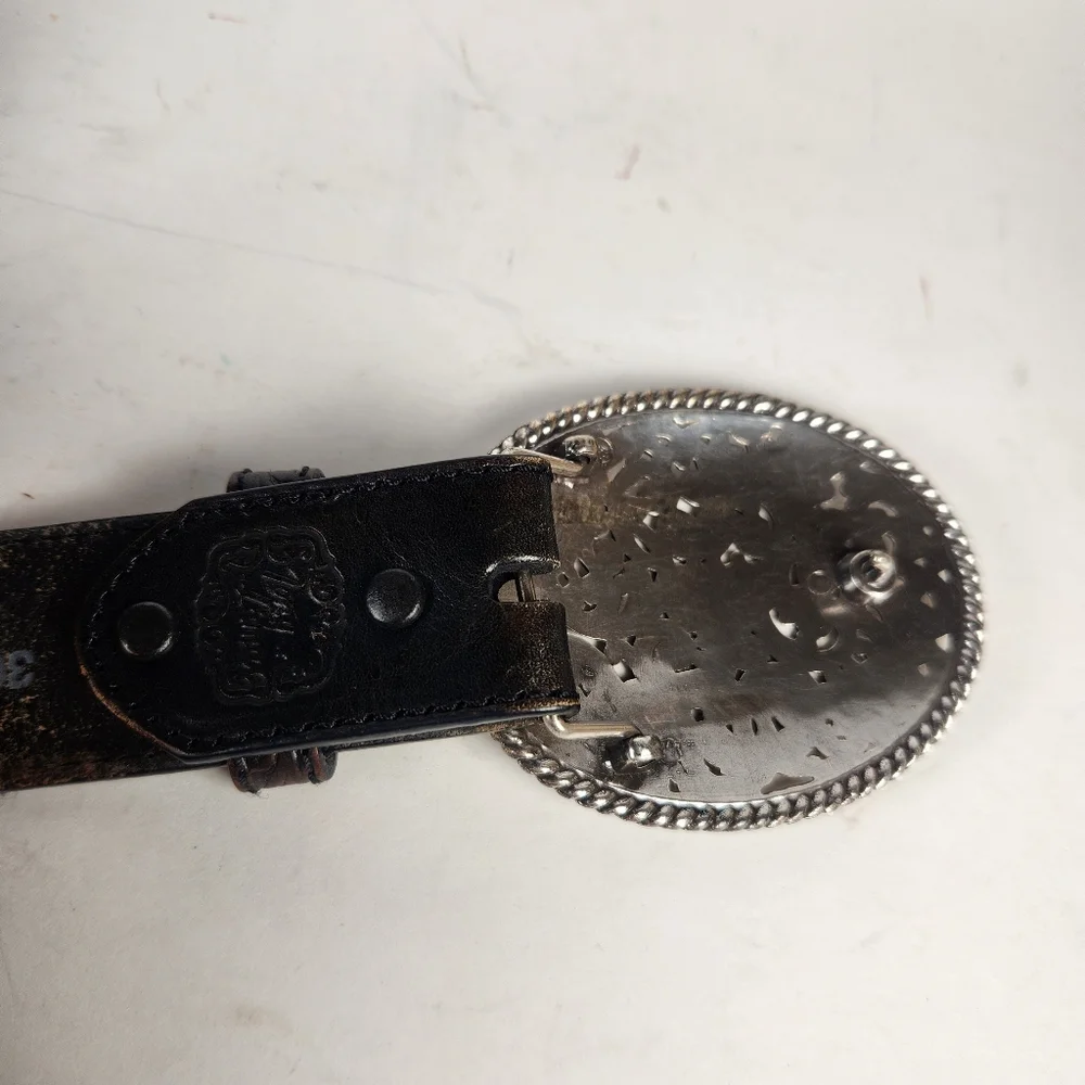 TONY LAMA Pierced Filagree Belt Size 36 Black Leather Cut Out Silver Buckle - Picture 9 of 10